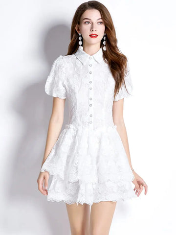 Wendy White Lace Embroidered Puff Sleeve Dress